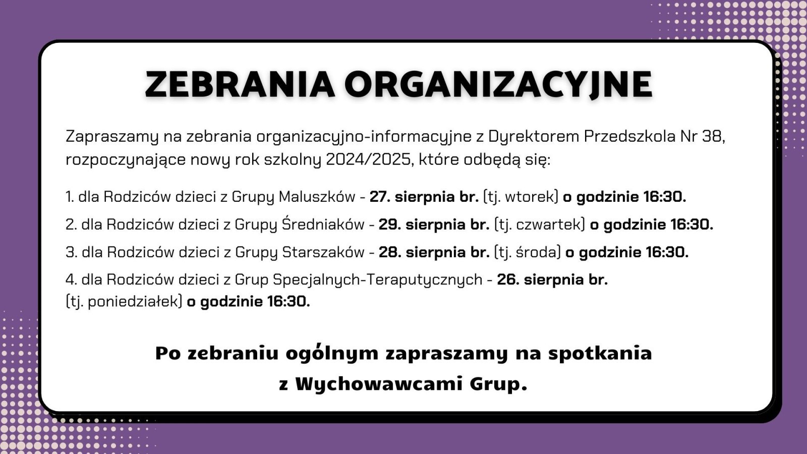 Zebrania organizacyjne rozpoczynające nowy rok szkolny - informacja dla Rodziców